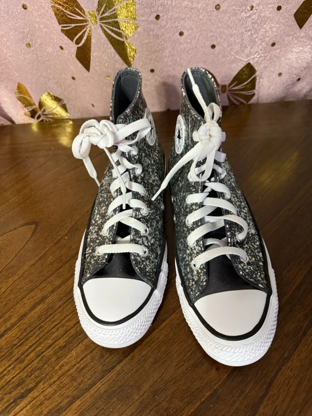 Converse big Kids' Glitter High-Top Sneakers - Black with Silver Sparkle size 5